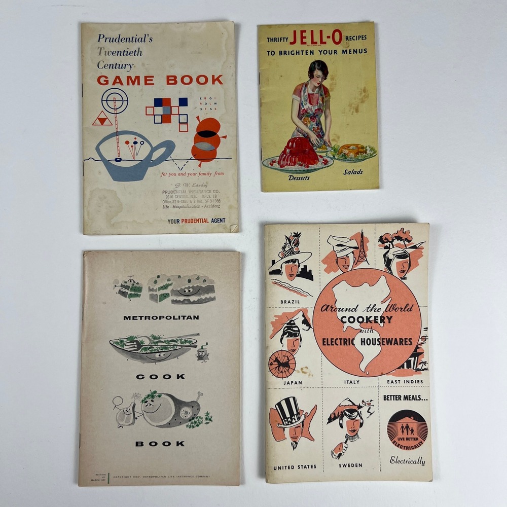 Vintage 1950s Cookbook Game Book Lot Jell-O Metropolitan Prudential Ephemera 4pc
